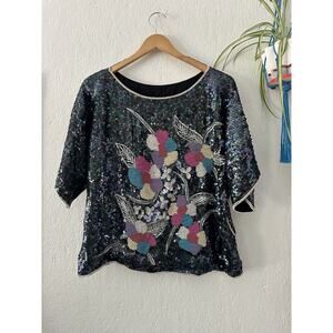 Vintage Sequined Top Black Pearls Beaded Party Club Lightly Padded Blouse